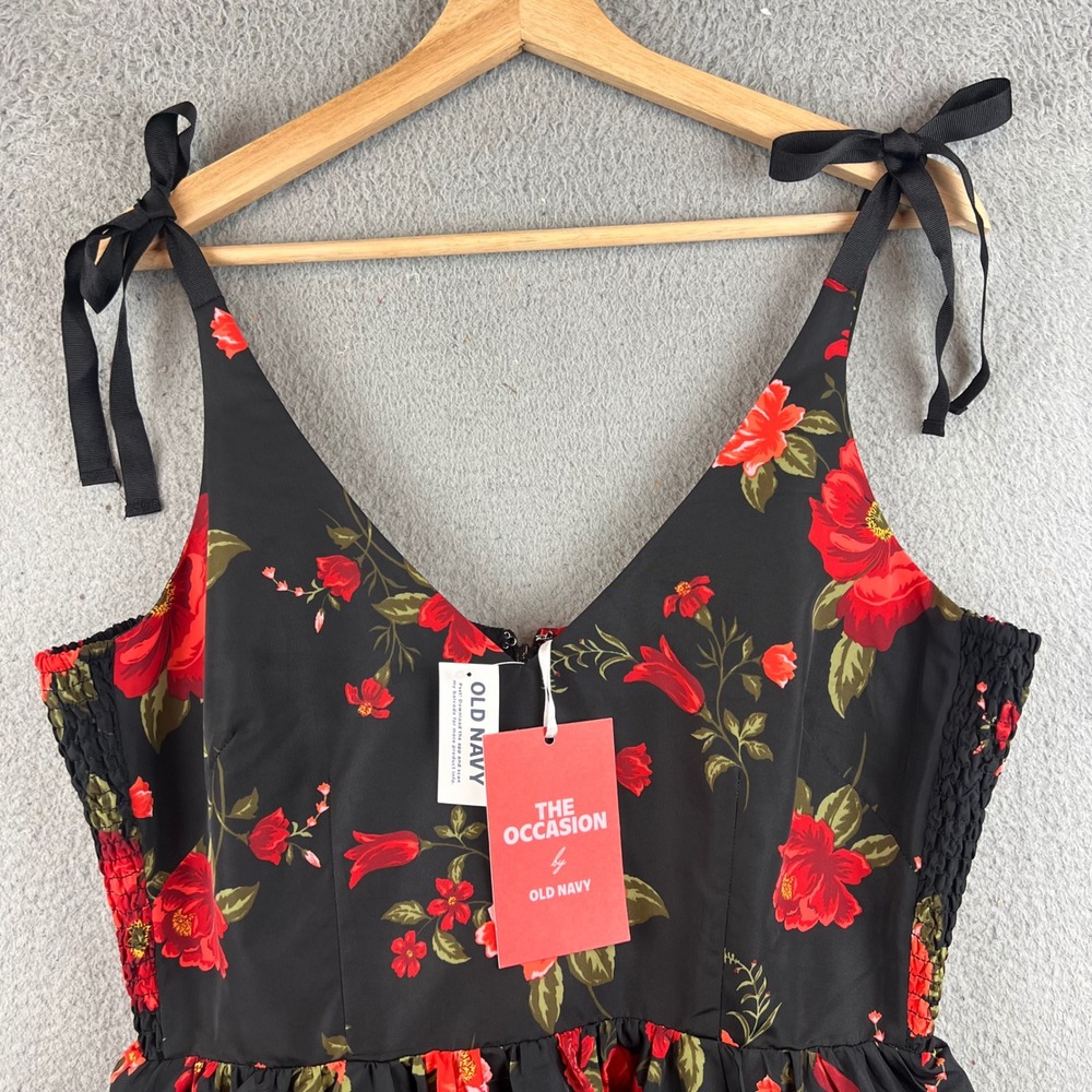 Old Navy The Occasion Floral Fit & Flare Dress Black Red Poppy Tie Shoulder L - Picture 4 of 13